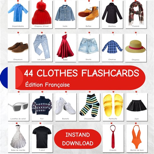 French Clothes Flashcards: Montessori Vocabulary Cards (Digital PDF)