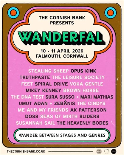 The Cornish Bank on Instagram: "OK, we've kept you waiting long enough – introducing the next wave of artists to join our already stellar lineup for Wanderfal 2026. This year we've been awarded funding from Arts Council England enabling us to go bigger and better with an additional stage in the centre of town! Lets go wandering! Opus Kink: Born from restless London nights and made for sweaty rooms, they blend jagged post-punk energy with dissonant grooves and huge riffs. Voka Gentle: Consisting 