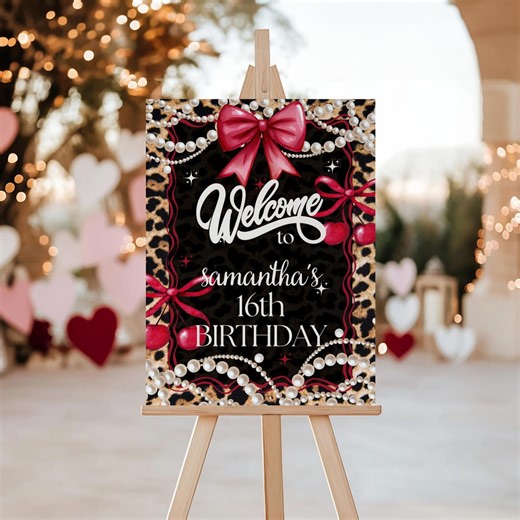 Cheetah Cherries Birthday Welcome Sign, Pink Leopard Cherry Birthday Invitations, Glam Girls Night Out Invites - Etsy