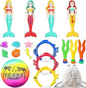 Pool Toys for Kids, Mermaid Swim Diving Pool Toys for Toddlers Girls,Underwater Sinking Water Ball Games, Pool Swim Float Treasure Fish Toy, Diving Ring Toys with Mesh Bag for Summer Pool Beach Party