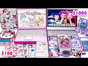 💸paper diy💸] $100 vs $1000 KPOP Demon Hunters Laptop & Phone Set | Blind Bag ASMR