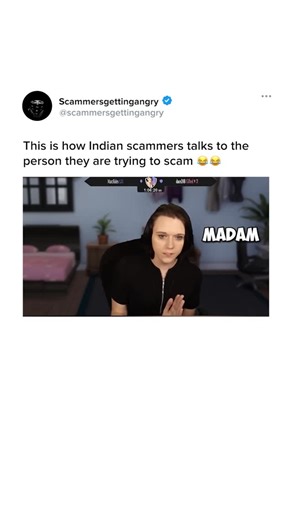 @scammersgettingangry on Instagram: "This video captures a scammer’s patience hitting rock bottom as he turns into a broken record! 📞😤 The clip shows a streamer trolling a scammer who completely loses his cool, shouting “Madam” over and over again in a desperate attempt to regain control. The text overlay “This is how Indian scammers talks to the person they are trying to scam” frames the hilarity as he demands, “Listen to me!” and “Let me finish first!” while refusing to let her get a word in