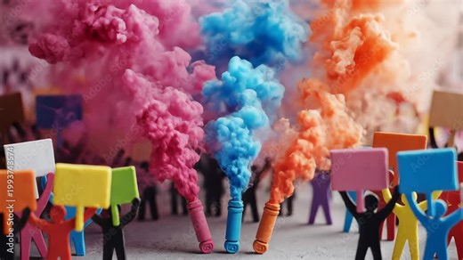 Miniature figures protest with colorful smoke bombs.