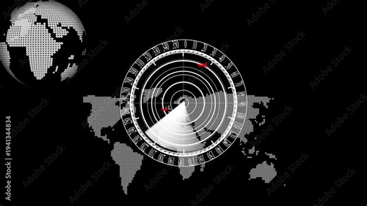 Radar screen animation on black background. Radar point to detect enemy position. Signal transmitted sheen radar. 4k, video. Radar Location detection Military surveillance