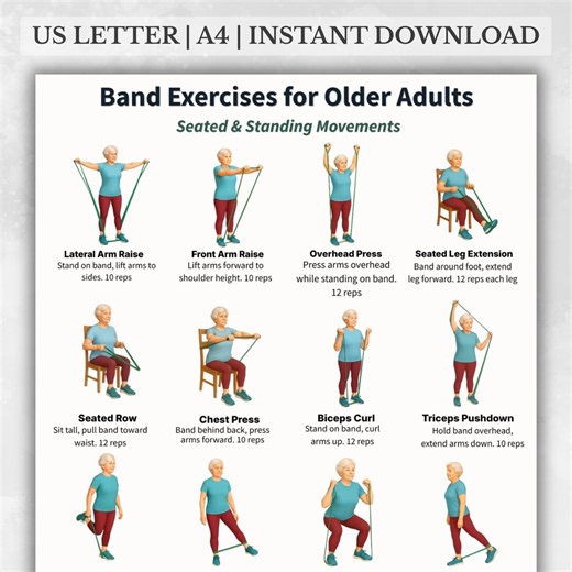 Resistance Band Exercises for Older Adults Printable | Seated & Standing Band Routine | Low Impact Exercise Chart PDF - Etsy UK