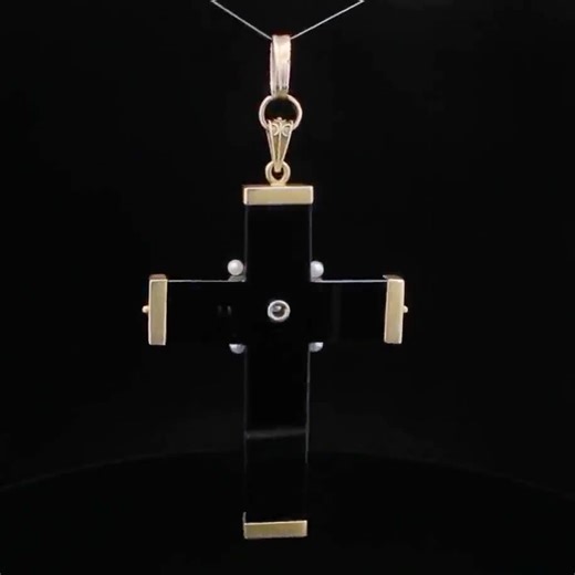 Victorian Jewelry 14k Yellow Gold Onyx/black Chalcedony 0.010ct Diamond Cross Pendant - Etsy