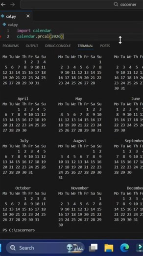 Calendar in python🔥🔥🔥#shortsfeed #coding #python #viral #viralshorts #viralvideo
