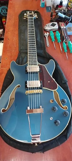 Ibanez AMH90-PBM getting a full Setup and Tighten-up... #Ibanez #AMH90PBM #Guitar #Setup #TightenUp #BlueMetallic #Gold #Super58 #Pickups #Ebony #OnceOver #TimeLapse #HollowBody #DeliciousMonster #FastSetup #FretWork #SharpFrets #Alignment #BridgeHeight #Intonation