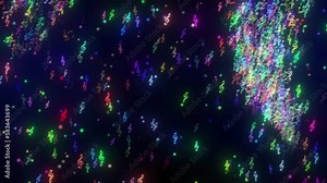 Music Background With Glowing Music Symbol. Music Symbols Flying On Black Background. Bright Music Notes Flying Animation Uses For Music Shows And Video Effects.