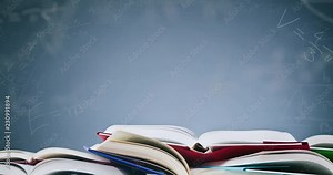 4k education background with formulas floating over open textbooks. Slight camera zoom.