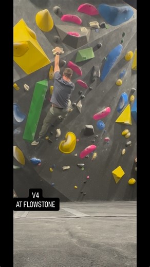 Mike on Instagram: "Fun V4 @flowstone_climbing. Pinches, slopers and overhang. What’s not to like? #nevertooold #climbing #bouldering #fitness #fit"