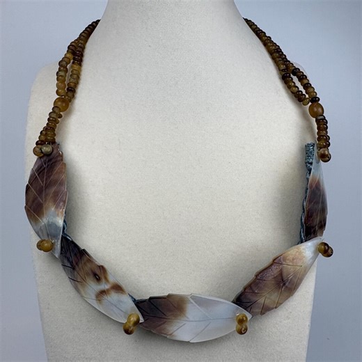 Vintage Carved Shell Leaf Necklace – Mother of Pearl Statement, Brown Beads (19 Inch) - Etsy