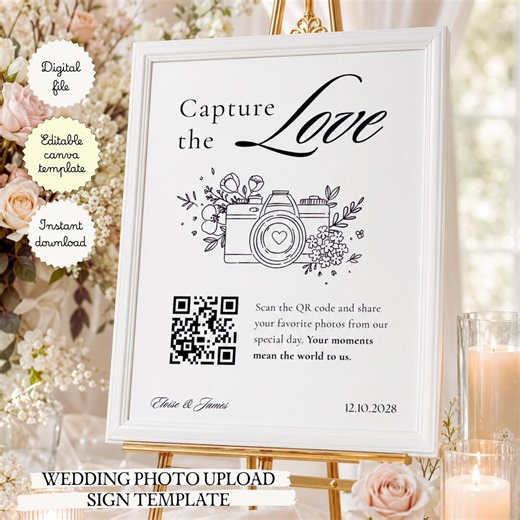Wedding Photo QR Code Sign, Whimsical Doodle Art, Editable Canva Template (Digital Download)