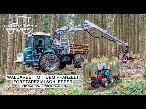 Forstspezialschlepper Pfanzelt Felix im Einsatz | Valtra + Rückewagen | Forest | Bäume fällen | 4K