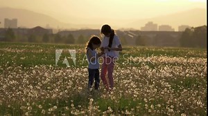 two attractive little sisters collect dandelion flowers and blows them in the wind blown. small Girls play and have fun outdoors in glade. in the background silhouette of buildings during sunset.