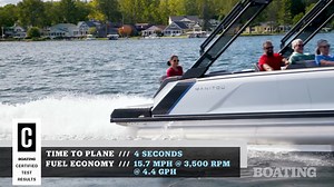 The all-new Cruise 22 MAX Switchback model features the expansive MAX Deck that unlocks 38 square feet of unobstructed space for lounging, angling or toting a big tube. It’s unobstructed because the new and exclusive Rotax outboard lives below the deck. The motor’s 1.9-liter three-cylinder, two-stroke powerhead is oriented horizontally and enclosed in a watertight case. The point is to offer outboard power without having to see or play around the motor. | Boating Magazine