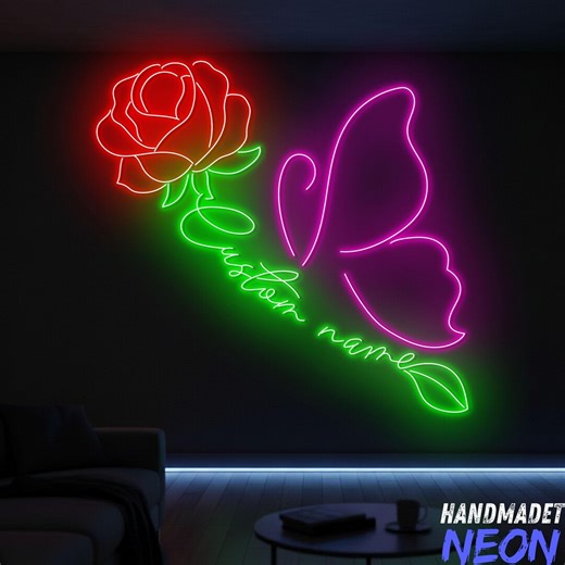 Rose Neon Sign: Butterfly LED Light, Flower Wall Decor, Gift for Her - Etsy