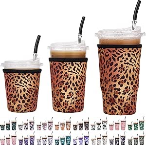 3 Pack Reusable Insulated Neoprene Iced Coffee Sleeves & Coffee Cup Holder, Universal Fit 16-32oz Cups for Hot/Cold Beverages - Leopard Print-3 Pack