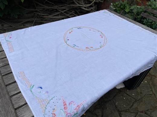 Beautiful Vintage Embroidered Linen Tablecloth Hand-made Floral Pattern Tea Party - Etsy UK