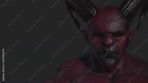Red demon, devil, imp, monster with twisted horns and muscle hillocks. Close-up. Face expression. Part 3 from 6. Alpha channel only in 4k .mov version