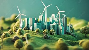 Green city model, wind turbines, hills, sustainable future