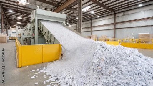 A modern paper shredding machine processing large amounts of shredded paper in an industrial facility.