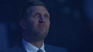 Dirk Nowitzki watches video tribute at jersey retirement