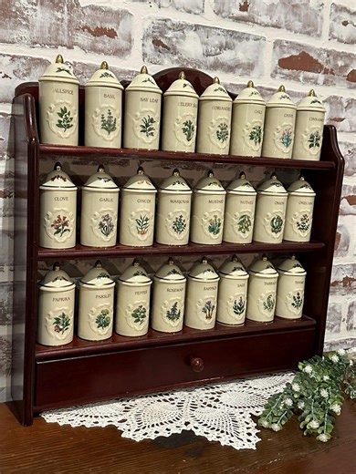 Set of 24 Vintage 1992 Lenox Spice Garden Porcelain Spice Jars W/ Cherry Wood Display Cabinet & Drawer | Made in Malaysia | Collectible Jars - Etsy