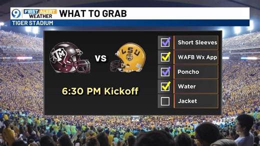 Rain chances remain low for the LSU game, but not 0%. Grab a poncho if for nothing else to sit on with possibly wet bleachers. Temperatures should be comfortable in the 70°s with slightly humid conditions. | Jeff Morrow WAFB