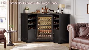 HSH Corner Bar Cabinet with Mini Fridge Space, Modern Wood Bar Cabinet with Wine Racks & Storage Doors, Large Liquor & Wine Cabinet for Kitchen Living Room Home Bar, Black Oak, 40 Inch