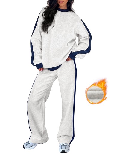 SHEWIN Womens Sweatsuits 2 Piece Set Fleece Lined Outfits Crew Neck Colorblock Long Sleeve Sweatshirt Jogger Pants Tracksuit Set with Pockets
