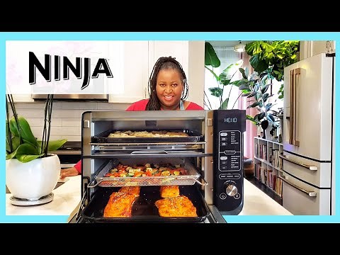 NinjaFoodi SMART 12 in 1 Double Oven with FlexDoor full salmon dinner and dessert