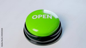 Young woman pressing green Open button. 4k footage. Access something on the Internet. Open something by pushing a button. Open a file, a door, a present. Stock Video