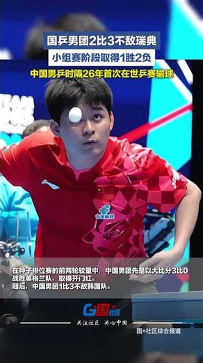 中国男乒时隔26年首次在世乒赛输球，国乒男团2比3不敌瑞典，小组赛阶段取得1胜2负，战胜了英格兰，输给了韩国和瑞典。