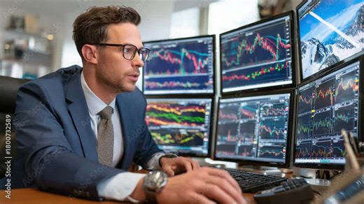 Financial Analyst at Work: A focused analyst, glasses perched on his nose, meticulously monitors the financial markets, his gaze fixed on the complex data streams flowing across multiple monitors.