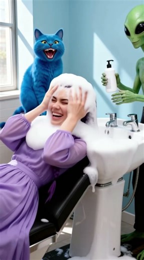 Rumi got a head wash from an alien & a cat... and the foam went WILD! 👽🐈🫧
