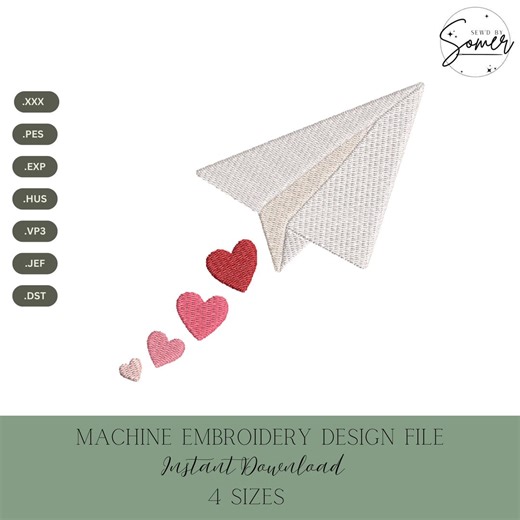 Paper Airplane With Hearts Embroidery Design: Valentines Day Stitch File (instant Download) - Etsy