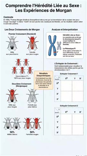 Ce document pédagogique présente les travaux scientifiques de Thomas Morgan portant sur la transmission génétique de la couleur des yeux chez les drosophiles. À travers deux expériences de reproduction distinctes, le texte illustre comment des résultats varient selon le sexe des parents, contredisant ainsi les lois classiques de Mendel. Le premier croisement produit une descendance uniforme aux yeux rouges, tandis que le second révèle une répartition inégale des traits entre les mâles et les fem
