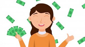 Cartoon animation girl gives money. Profitable financial offer