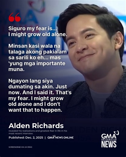 Alden Richards revealed his greatest fear in life: to grow old alone. The Sparkle actor sat down with Nelson Canlas for the GMA Integrated News interviews and said that he realized his fear just then. Read more: https://www.gmanetwork.com/news/showbiz/chikaminute/968257/alden-richards-greatest-fear/story/ | GMA News