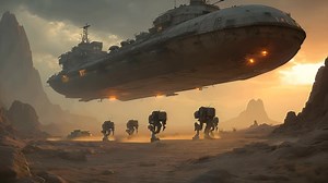 79K views · 1.7K reactions | At sunrise on the rugged planet Aranak, a battered command carrier descends through swirling dust while mechanized patrols assemble below, ready to reclaim lost territory after years of exile. #AIArt #alienlandscape #cinematic #commandcarrier #desertplanet #duststorm #exiles #futurewarfare #hyperrealism #mechapatrol #robotics #scifiart #spaceship #sunriselighting | Worldbuilderscifi | Facebook