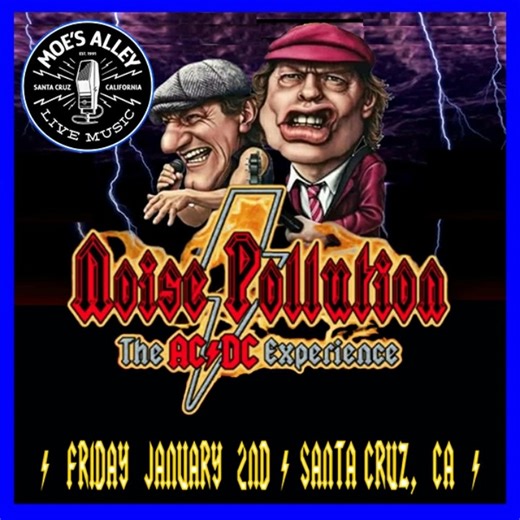 @noisepollutionsd1 on Instagram: "THIS FRIDAY NIGHT!! Noise Pollution The #1 AC/DC Show in North America! 📅 When: Friday January 2nd, 2026 🕢 Time: Doors 8P| Show 9P | 21+ 📍 Where: @moesalley Moe's Alley 🎟️ Tickets: bit.ly/4ih2TZT Noise Pollution has performed for hundreds of thousands of AC/DC fans over the past 8 years. The band covers hits from both the Bon Scott and Brian Johnson eras, guiding audiences through an unforgettable AC/DC experience. Their respect for the music shines through
