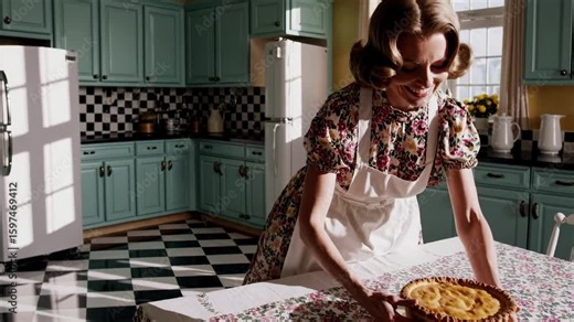 A vintage American woman in a 1950s kitchen. She has curly brown hair and wears a floral dress with an apron. Retro kitchen appliances and checkered flooring. Traditional wife, housewife