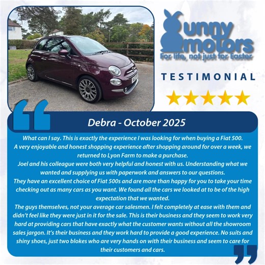 Wow, thank you for such an glowing review 😊 We couldn't be happier for you, it's an amazing car! So pleased you came back and enjoyed the buying experience for us, you were a pleasure to deal with we couldn't have asked for more! www.bunnymotors.co.uk #bunnymotors #homeoffiat #fiatspecialists #WeLoveFiat #fiat500c #fiat500lovers #TrustedDealer #BuyLocal #horsham #westsussex #midsussex #pulborough #billingshurst #pulborough #crawley #southwater | Bunny Motors