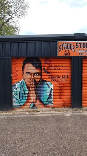 Charlie Kirk memorial poster at a storage building @RealCharlieKirk @turningpointusa