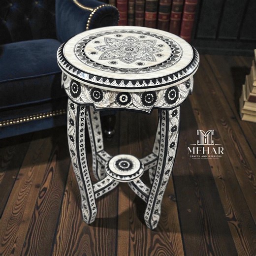 Hand-painted Bone Inlay Side Stool | Black & White Floral Accent Table - Etsy