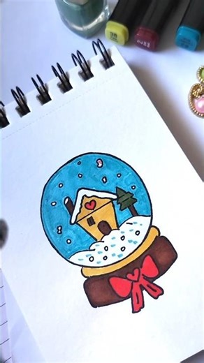 Easy Cute Snow Globe Drawing for Kids | Christmas Snow Globe House Kawaii Art Tutorial Simple Winter