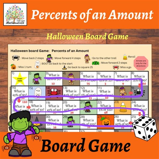 Percentage of an Amount Halloween Maths Board Dice Game