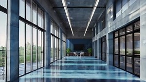 blue office corridor, concrete floor, loft-style windows, continuous ceiling lights, business and financial design theme, 4k digital video created with generative ai.