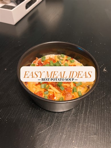 Easy Meal Ideas - Make sure to save for later!! 😋 This is hands down the best potato soup recipe, it is seriously so good & perfect for these chilly fall days! My toddler loves it too!! Best Potato Soup Recipe: Ingredients: -2lb bag of frozen hashbrowns -1 can cream of chicken soup -3/4 of mega bag of bacon bits -Green onion (I just eyeballed how much -1 1/2 cups of cheddar cheese -2 packets Ranch seasoning mix -1 block cream cheese -32 oz carton of chicken broth - add everything to your crockp